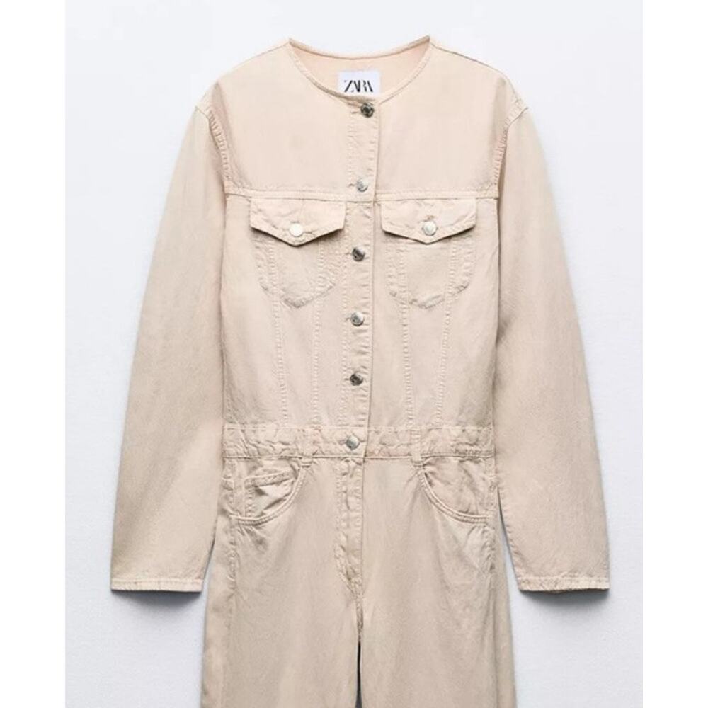 Zara NWT‎ Beige Denim Linen Blend Jumpsuit XS - Picture 2 of 6